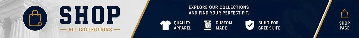 Dark blue banner with gold accents and white text advertising apparel collections.