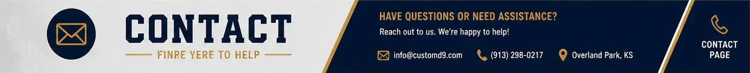 Dark blue banner with white and gold text reading ’contact’ and contact details for a company.