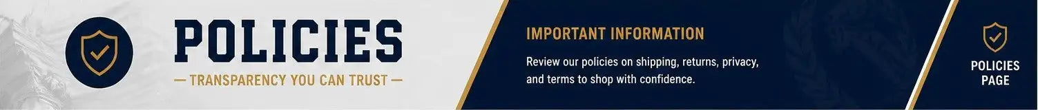 Dark blue shield logo with gold checkmark and text ’policies , transparency you can trust’ on a textured gray background.