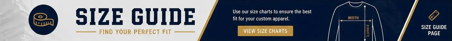 Size guide banner with navy blue background, gold and white text, featuring a measuring tape icon and an illustrated garment outline.
