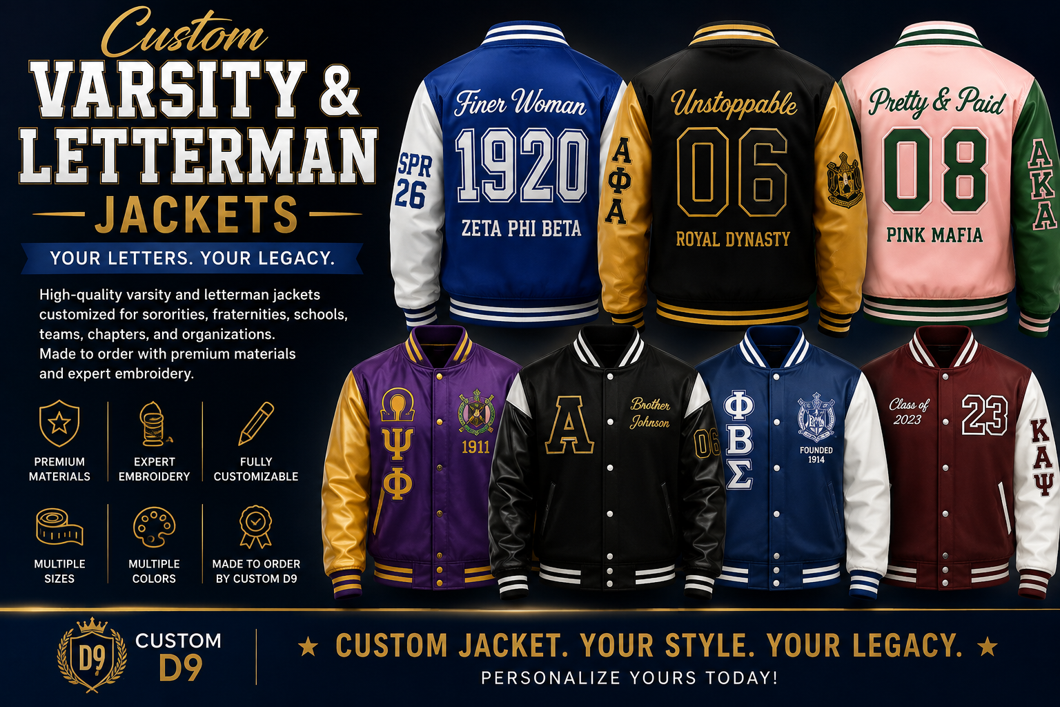 Custom varsity and letterman jackets with personalized embroidery
