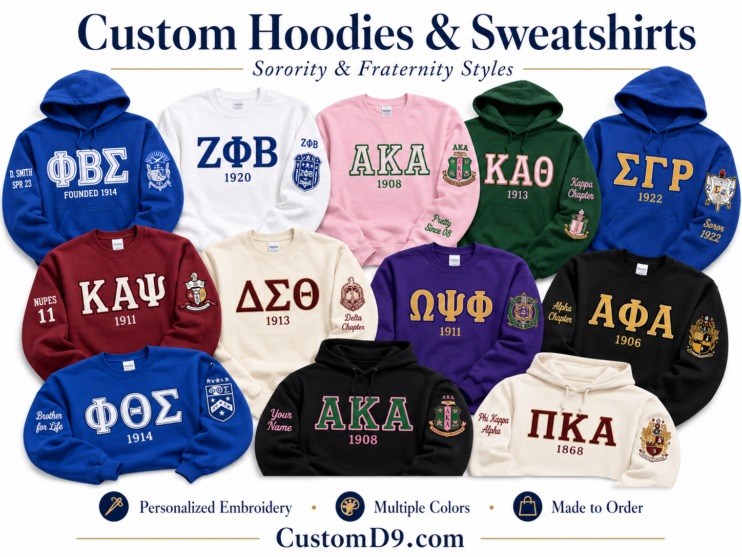 Custom embroidered hoodies and sweatshirts with Greek letters and crests