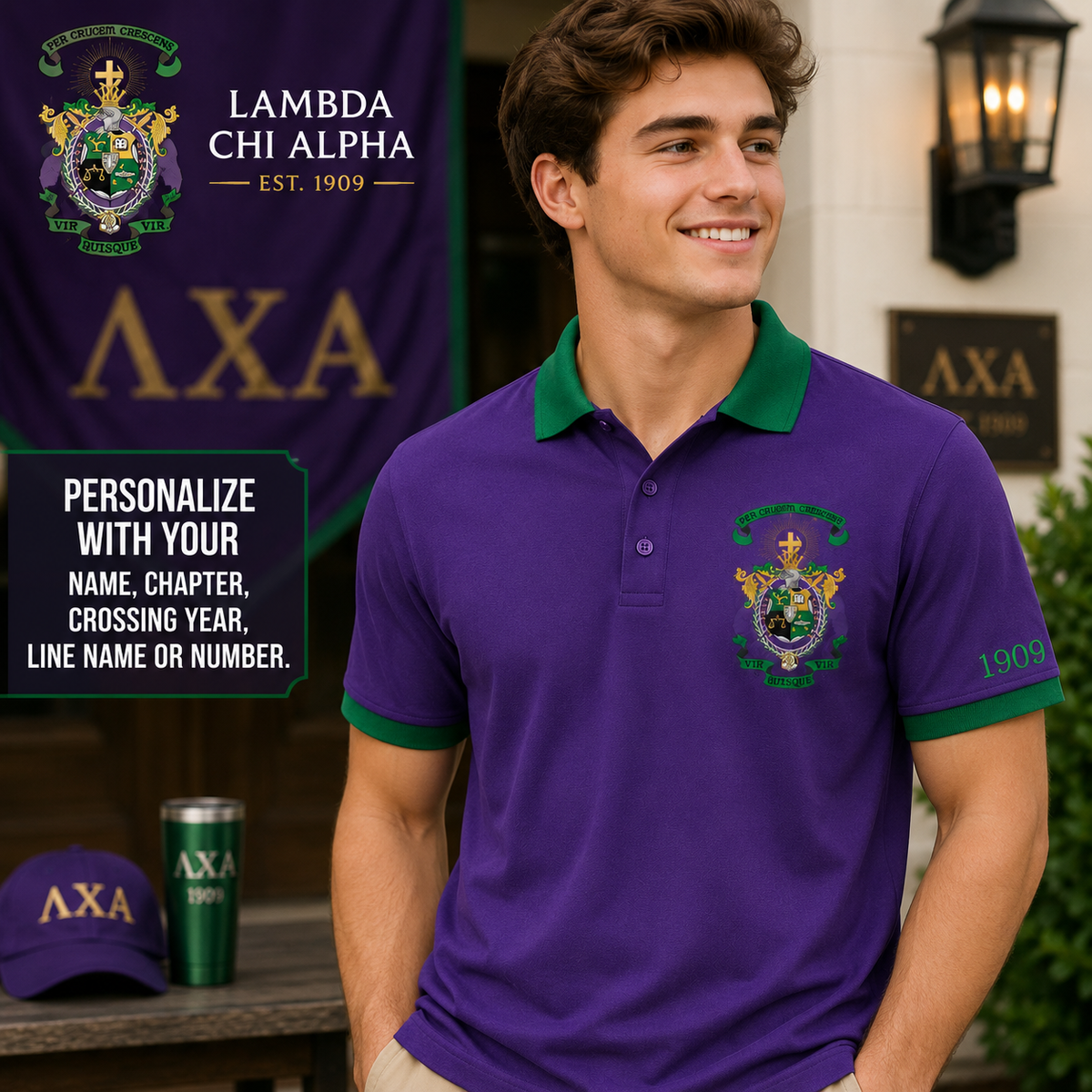 2 Tone Purple & Green Lambda Chi Alpha Custom Embroidered Polo Shirt – Personalized
