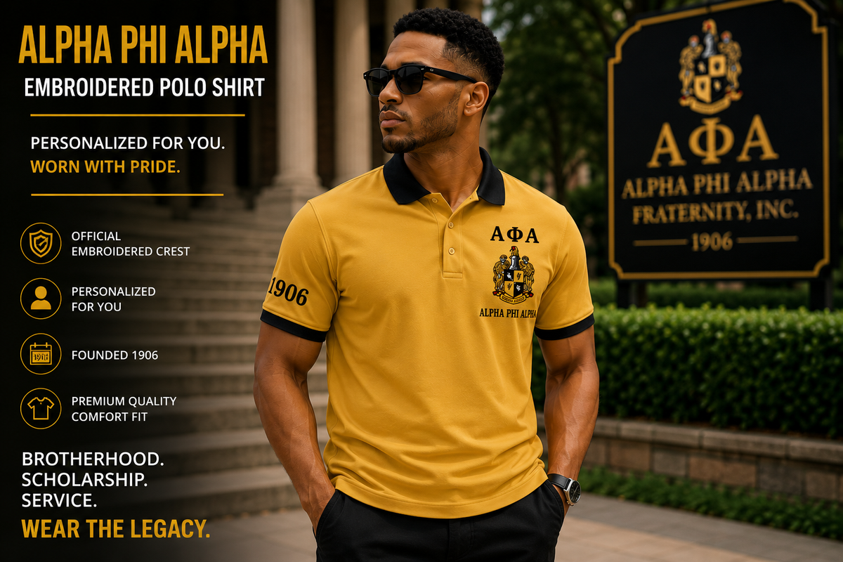 2 Tone Old Gold & Black Alpha Phi Alpha Custom Embroidered Polo Shirt – Personalized