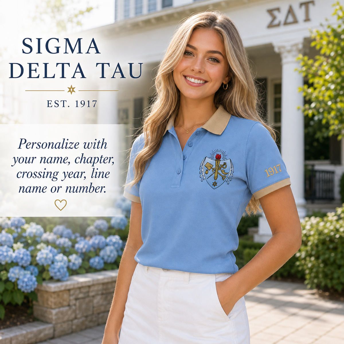 2 Tone Old Blue & Cafe au Lait Sigma Delta Tau Custom Embroidered Polo – Personalized