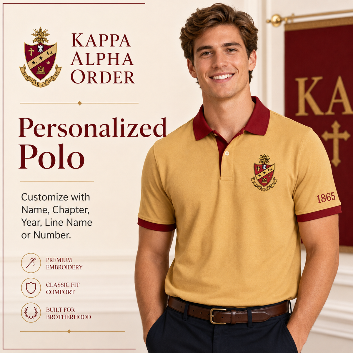 2 Tone Old Gold & Crimson Kappa Alpha Order Custom Embroidered Polo Shirt – Personalized