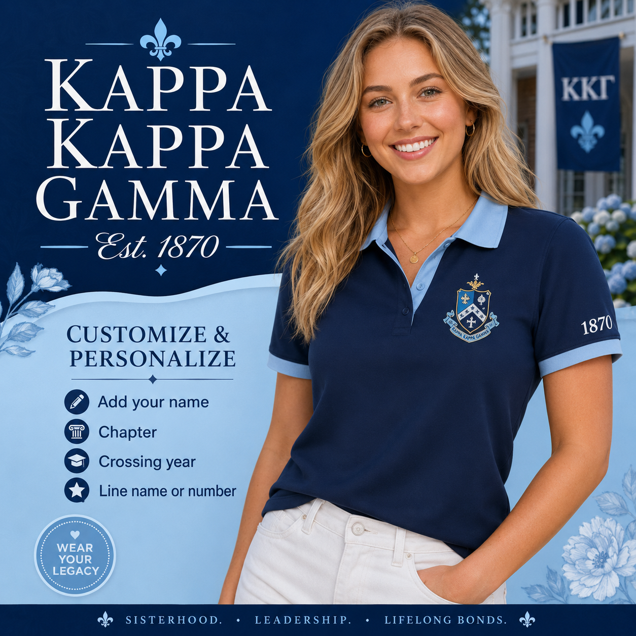 2 Tone Dark Blue & Light Blue Kappa Kappa Gamma Embroidered Polo Shirt – Personalized Sorority Polo