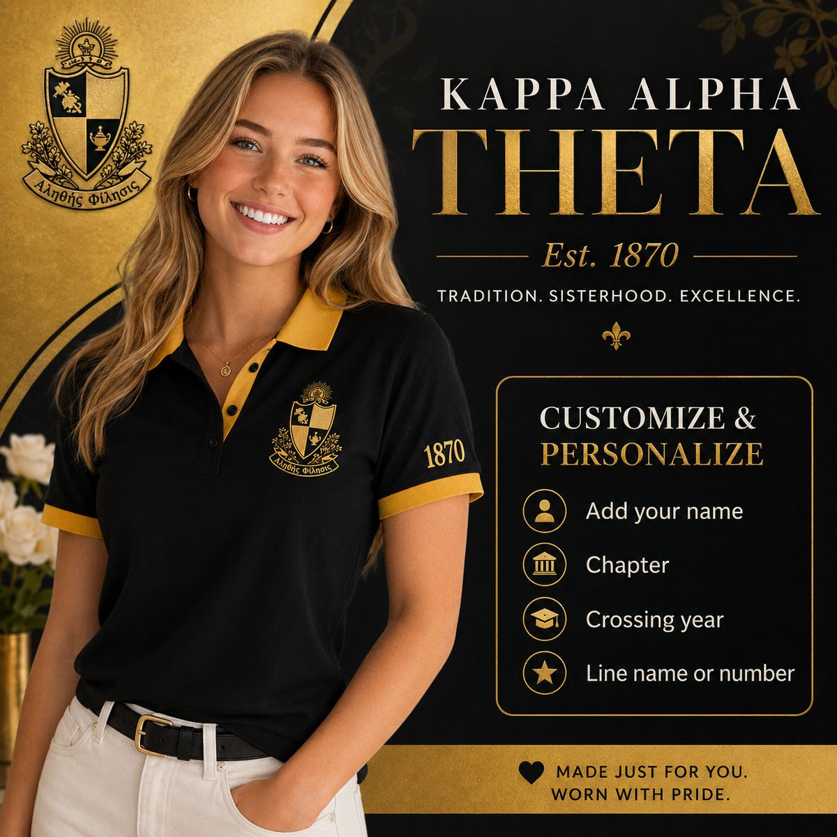 2 Tone Black & Gold Kappa Alpha Theta Custom Embroidered Polo Shirt – Personalized