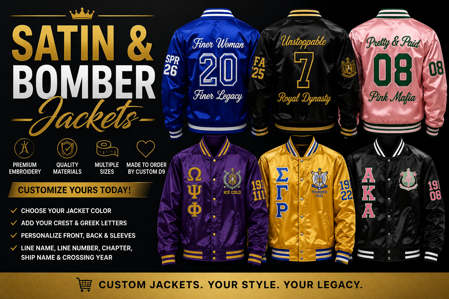 Custom satin and bomber jackets for sororities and fraternities in multiple colors