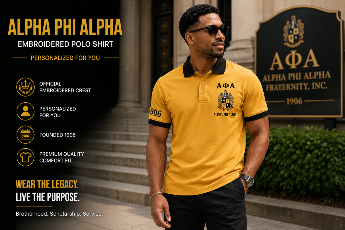 Alpha Phi Alpha old gold polo with black collar and sleeve trim, crest on left chest and 1906 on left sleeve