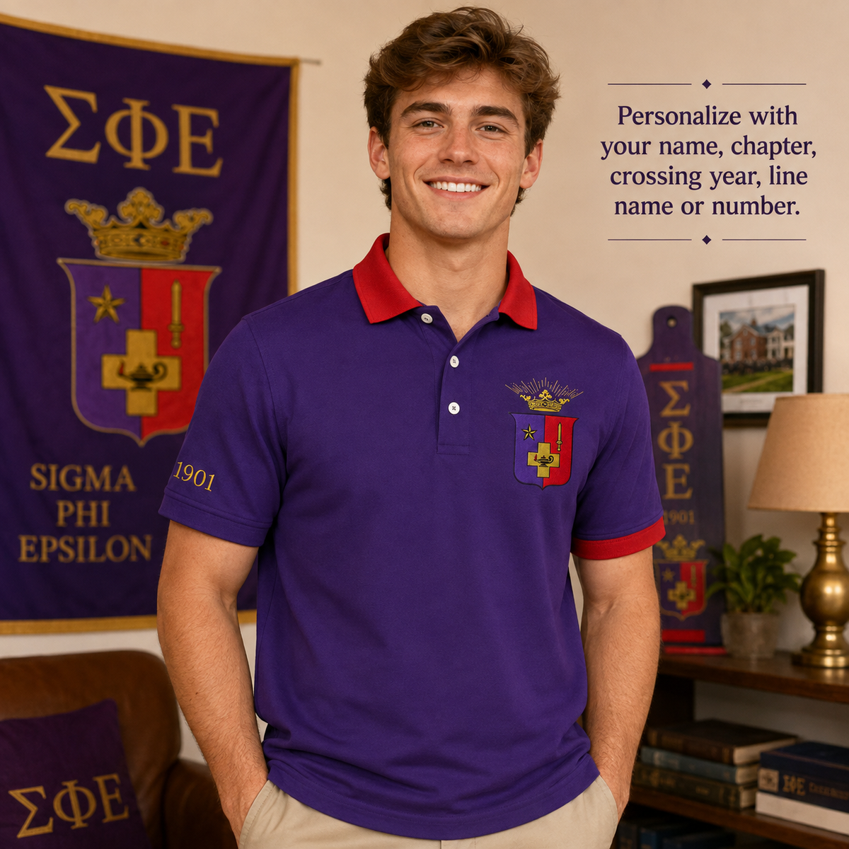 2 Tone Purple & Red Sigma Phi Epsilon Custom Embroidered Polo Shirt – Personalized