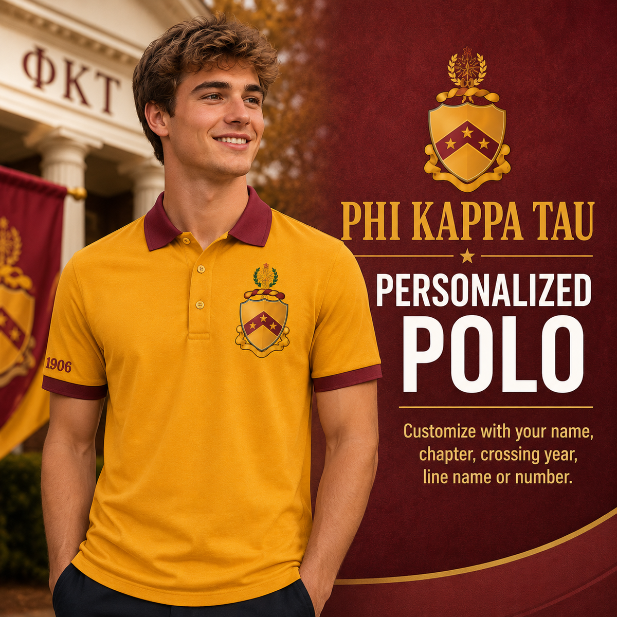 2 Tone Old Gold & Harvard Red Phi Kappa Tau Custom Embroidered Polo Shirt – Personalized