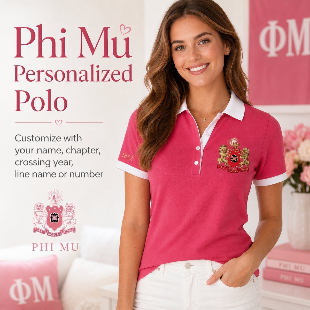 2 Tone Rose & White Phi Mu Custom Embroidered Polo Shirt – Personalized