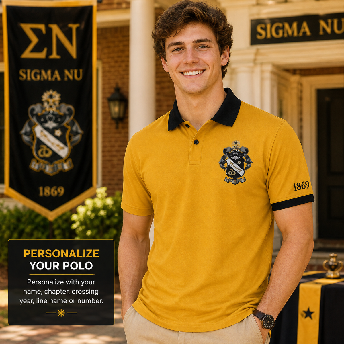 2 Tone Gold & Black Sigma Nu Custom Embroidered Polo Shirt – Personalized