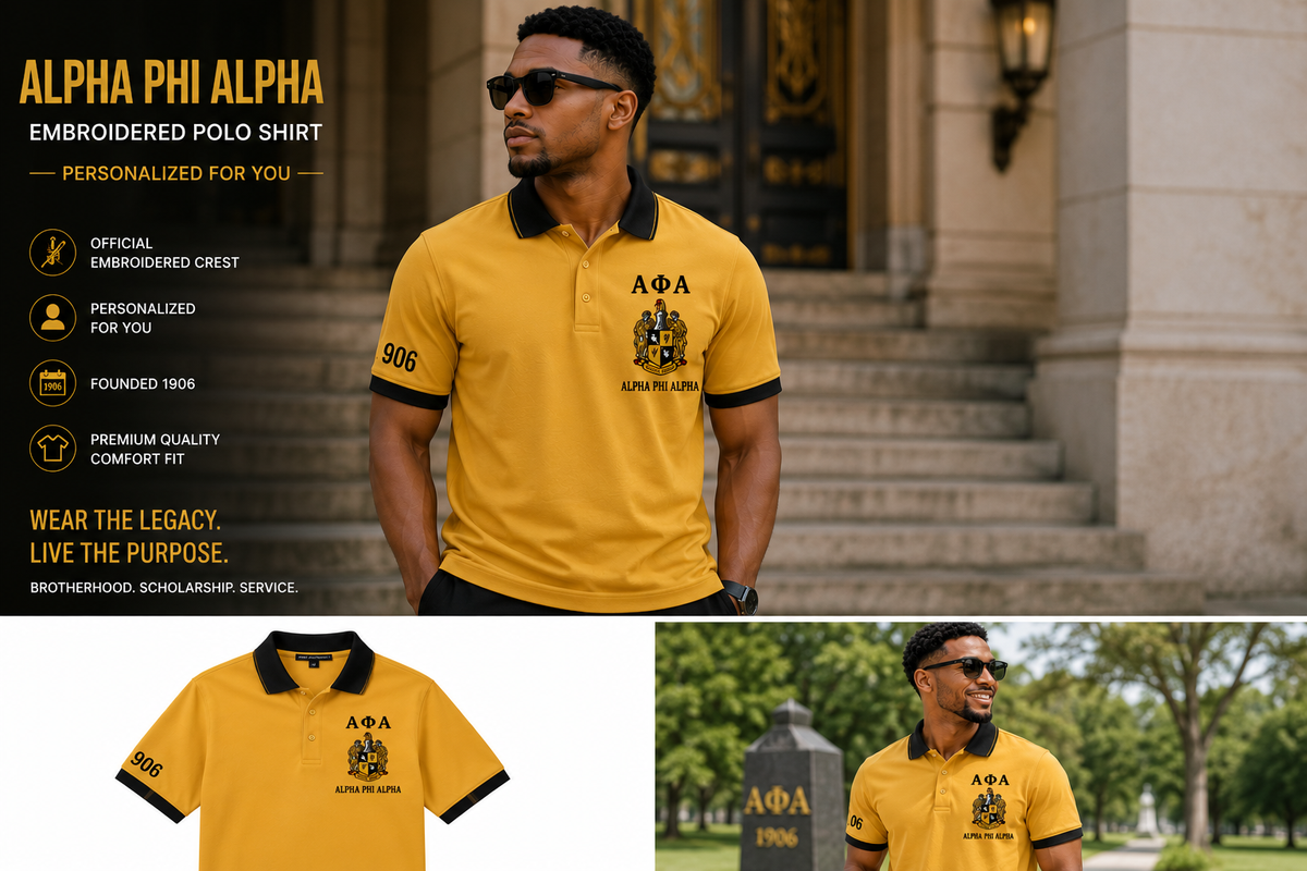 2 Tone Old Gold & Black Alpha Phi Alpha Custom Embroidered Polo Shirt – Personalized