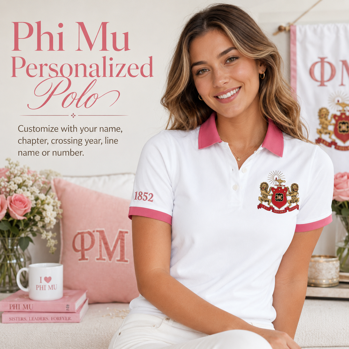 2 Tone White & Rose Phi Mu Custom Embroidered Polo Shirt – Personalized