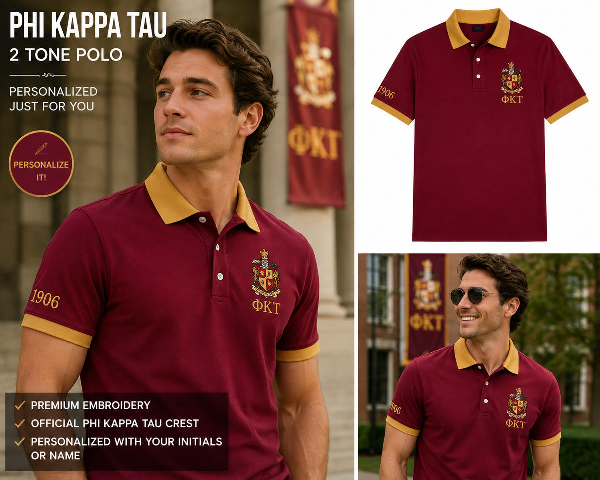2 Tone Harvard Red & Old Gold Phi Kappa Tau Custom Embroidered Polo Shirt – Personalized