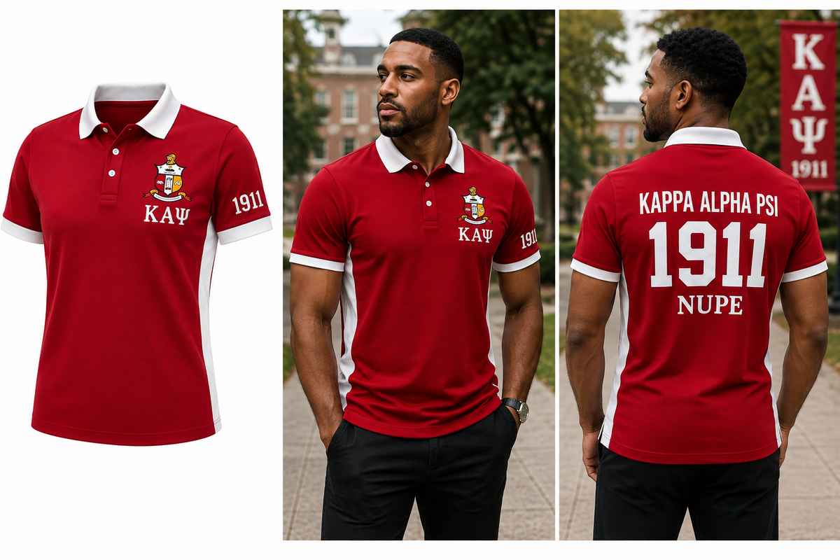 Kappa Alpha Psi crimson polo with cream collar and sleeve trim, crest on left chest and 1911 on left sleeve