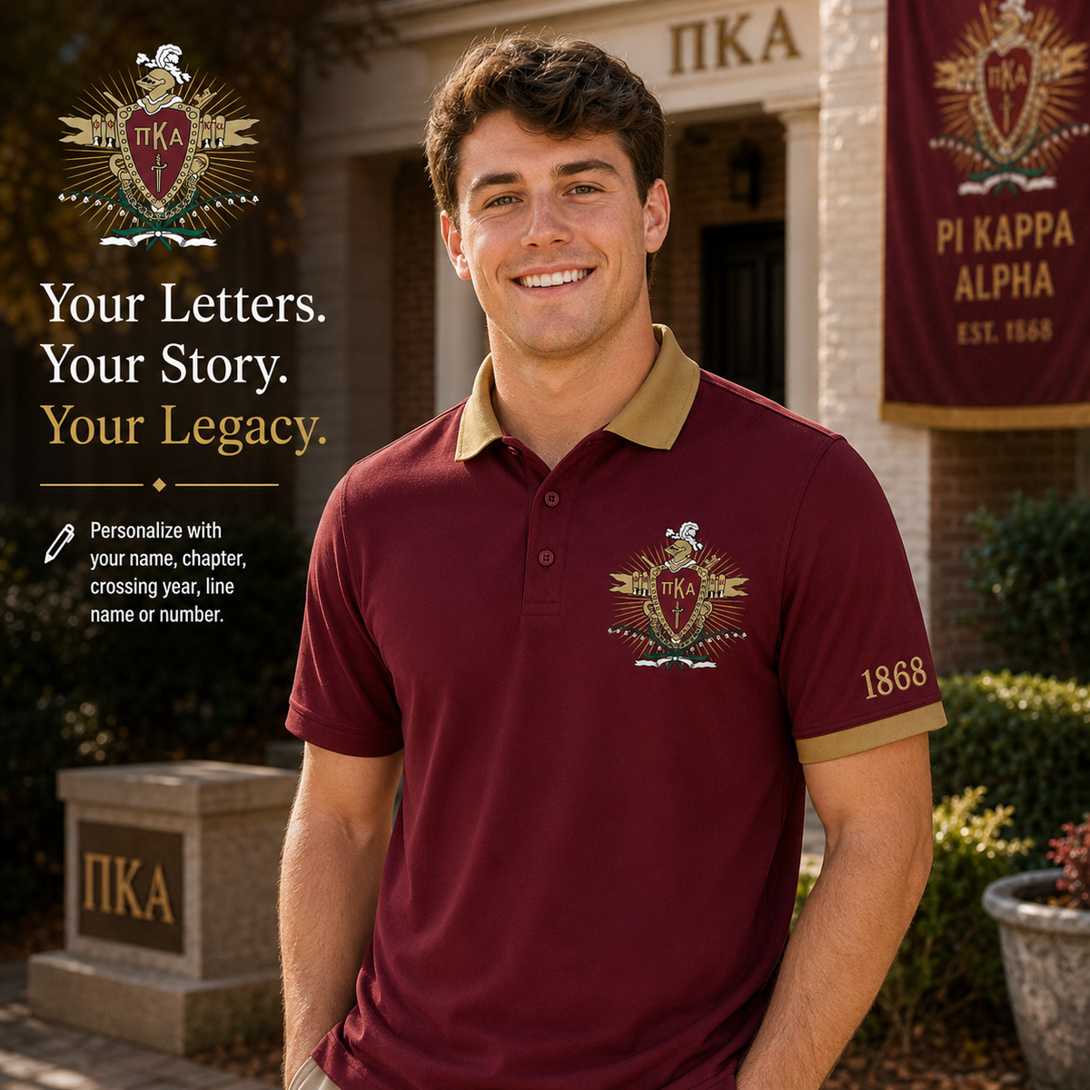 2 Tone Garnet & Old Gold Pi Kappa Alpha Custom Embroidered Polo Shirt – Personalized