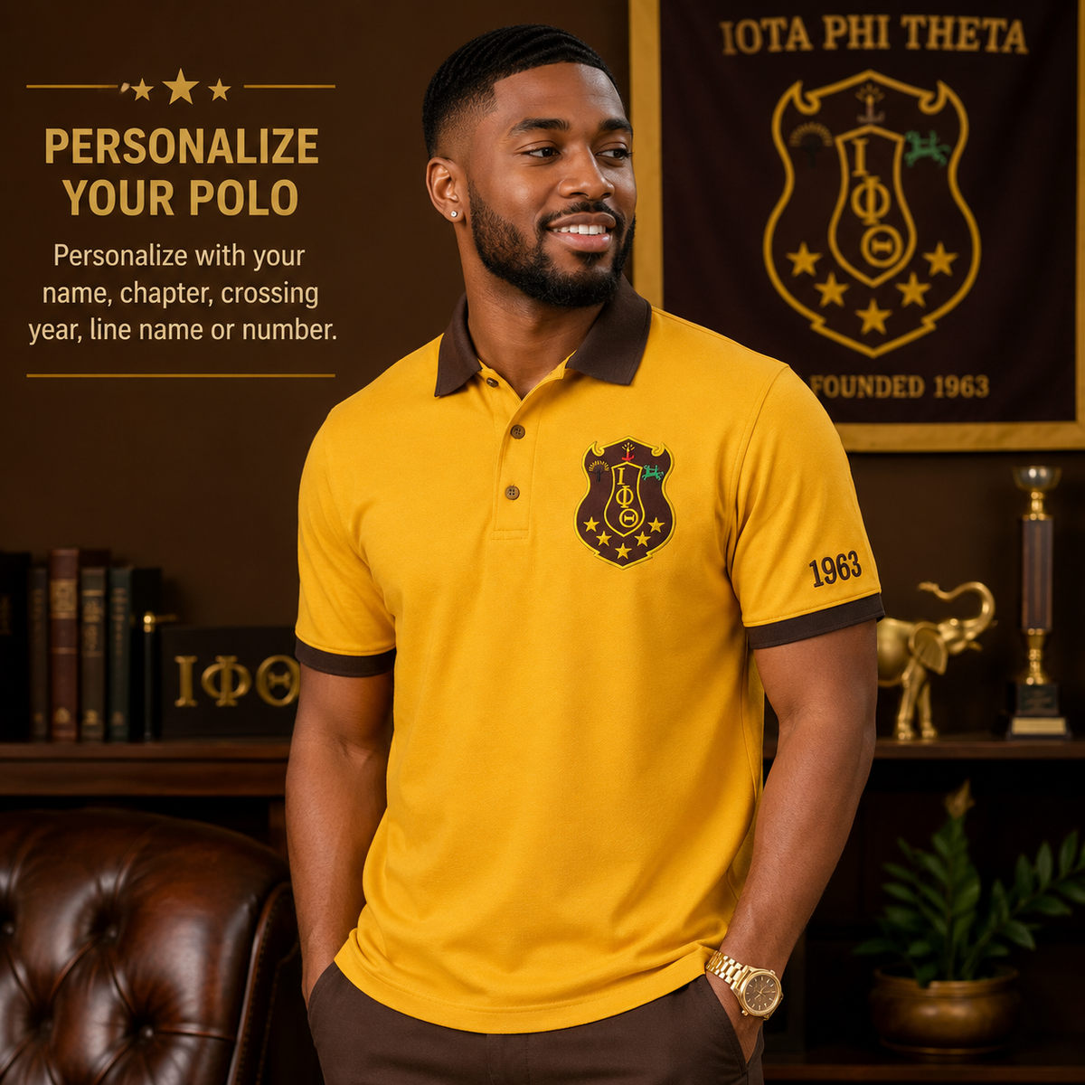 Iota Phi Theta gold polo with brown collar and sleeve trim, crest on left chest and 1963 on left sleeve