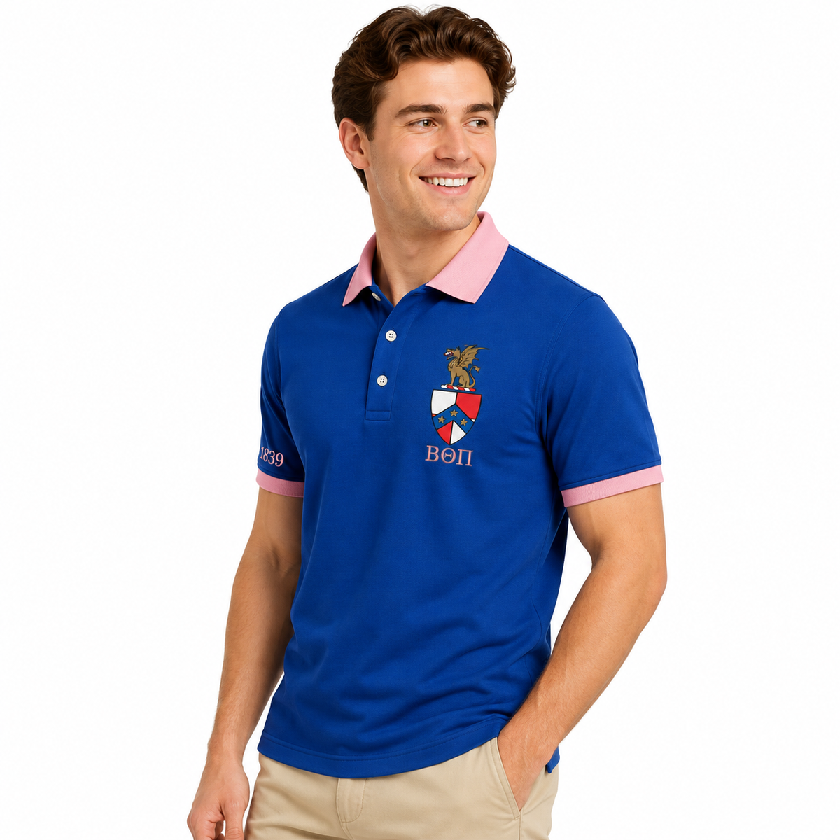 2 Tone Blue & Delicate Pink Beta Theta Pi Custom Embroidered Polo Shirt – Personalized