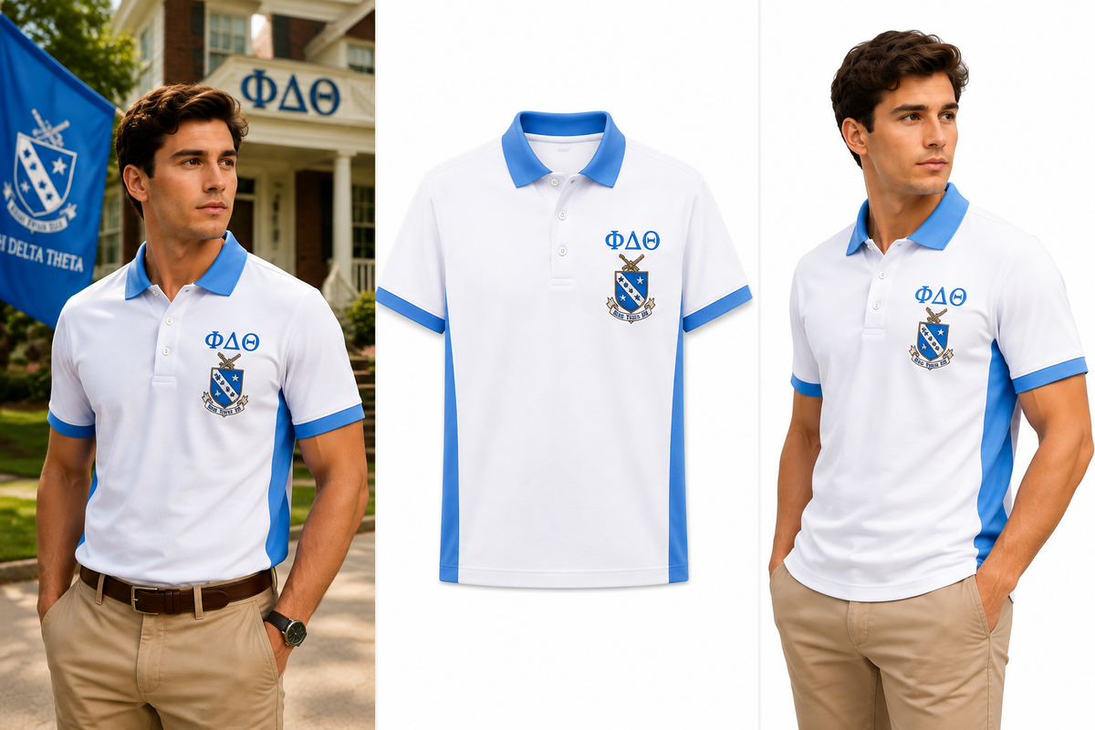 2 Tone Azure Blue & Argent White Phi Delta Theta Custom Embroidered Polo – Personalized