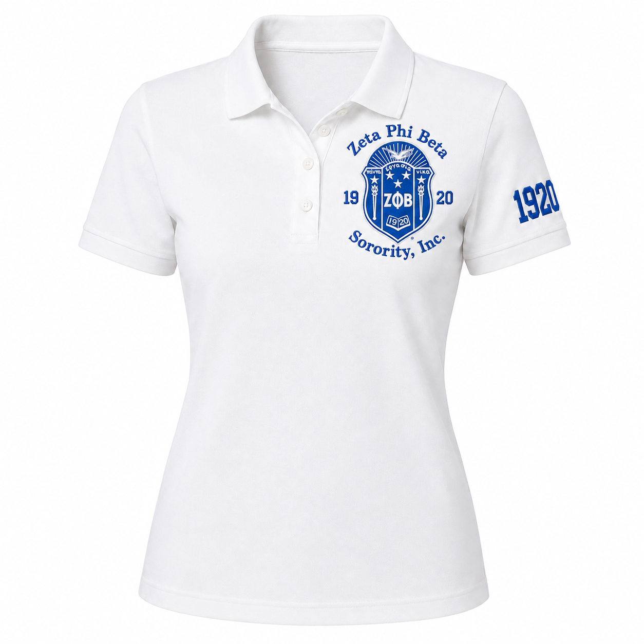 White Zeta Phi Beta embroidered polo shirt with royal blue crest and 1920 sleeve