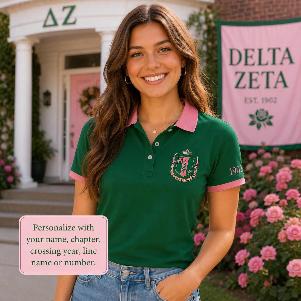 2 Tone Green & Rose Delta Zeta Custom Embroidered Polo Shirt – Personalized