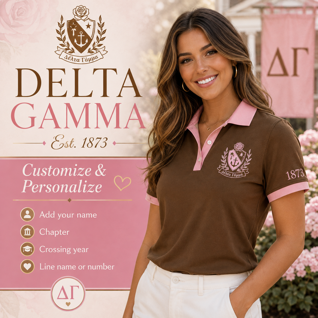 2 Tone Bronze & Pink Delta Gamma Embroidered Polo Shirt – Personalized Sorority Polo