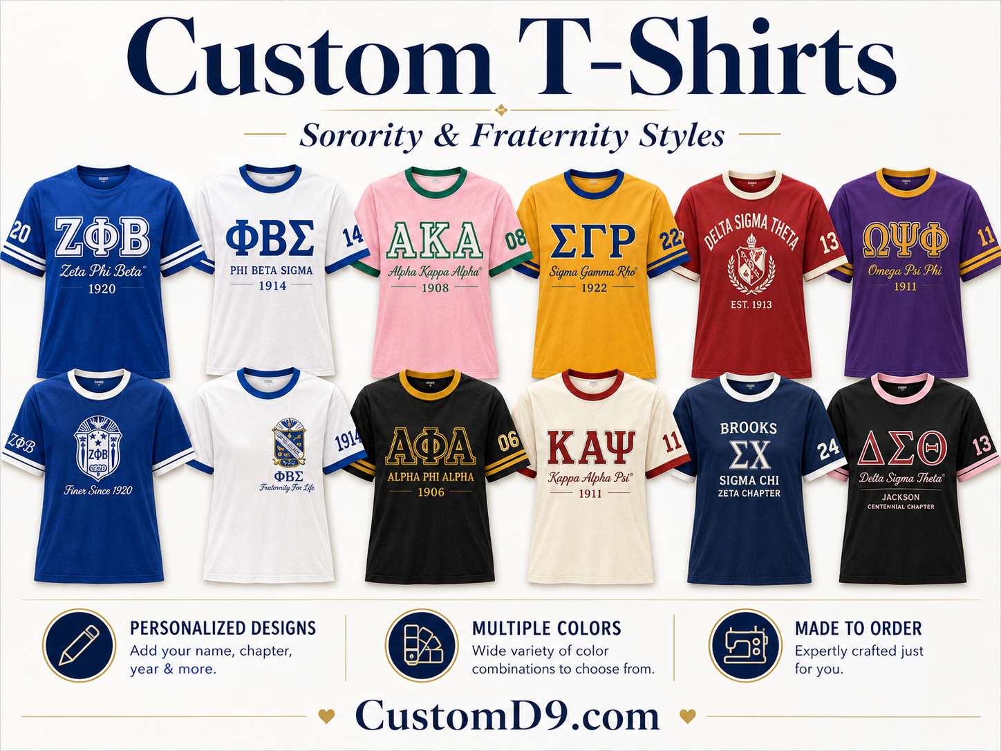 Custom sorority and fraternity T-shirts in multiple colors and personalized designs