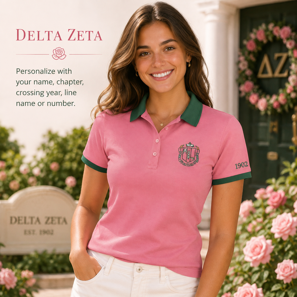 2 Tone Rose & Green Delta Zeta Custom Embroidered Polo Shirt – Personalized