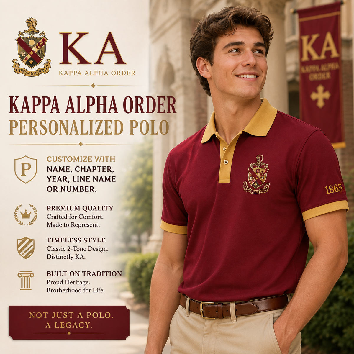 2 Tone Crimson & Old Gold Kappa Alpha Order Custom Embroidered Polo Shirt – Personalized