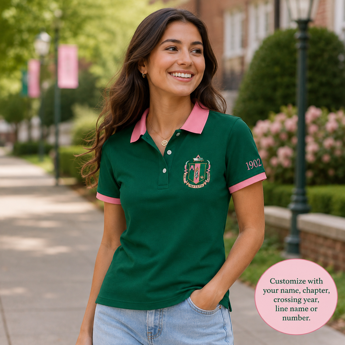 2 Tone Green & Rose Delta Zeta Custom Embroidered Polo Shirt – Personalized