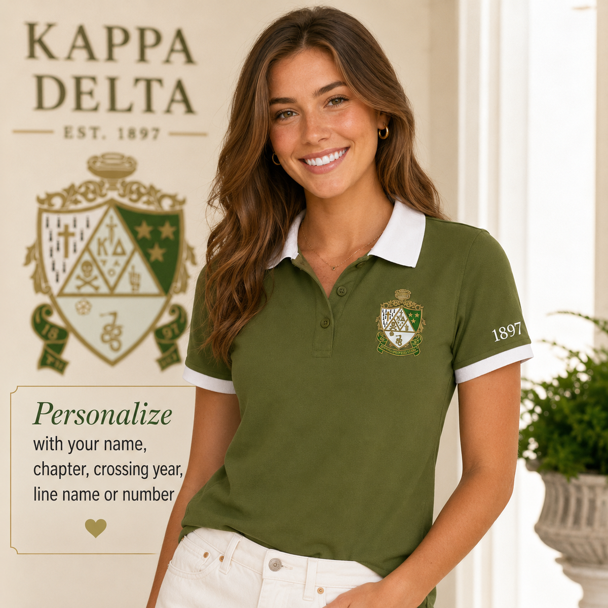 2 Tone Olive Green & Pearl White Kappa Delta Custom Embroidered Polo Shirt – Personalized