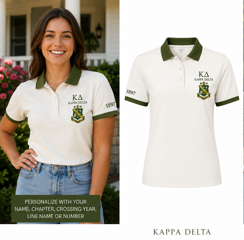 2 Tone Pearl White & Olive Green Kappa Delta Custom Embroidered Polo Shirt – Personalized
