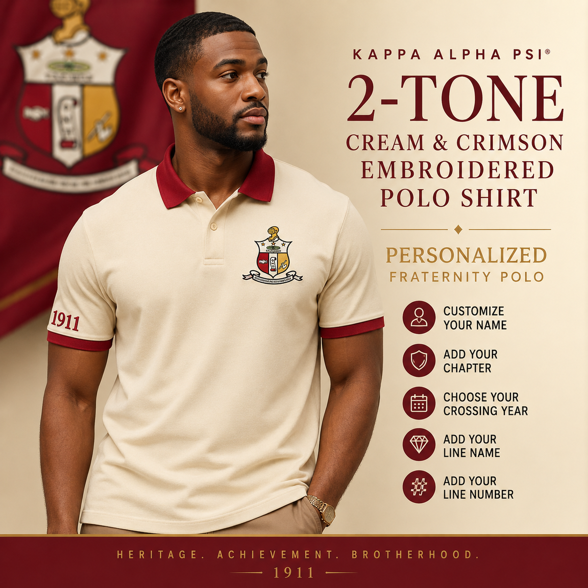 Kappa Alpha Psi cream polo with crimson collar and sleeve trim, crest on left chest and 1911 on left sleeve