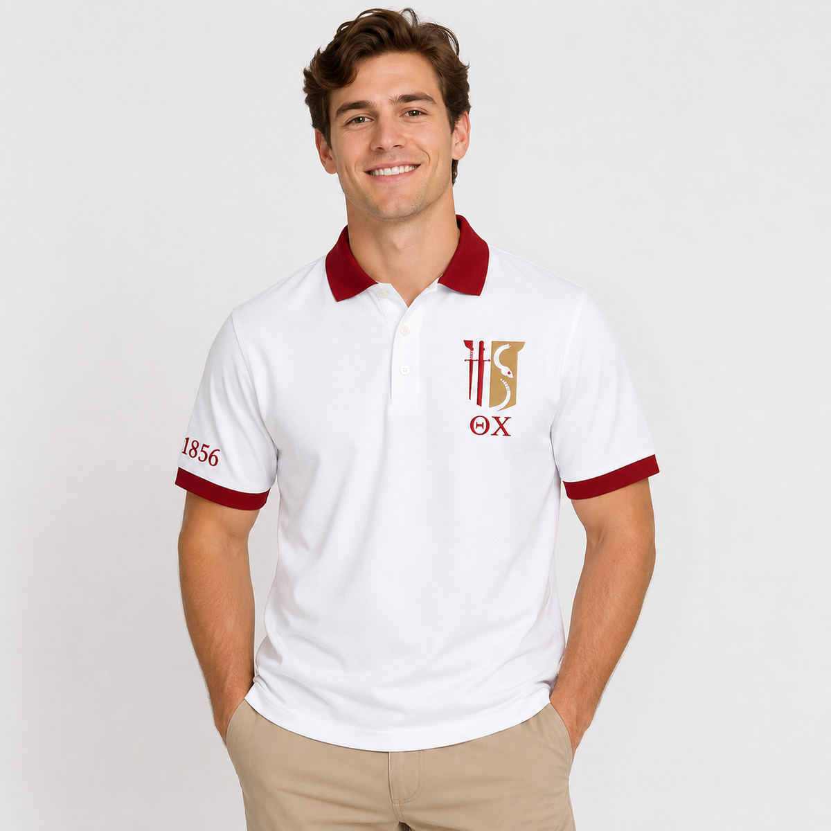 2 Tone White & Military Red Theta Chi Custom Embroidered Polo Shirt – Personalized