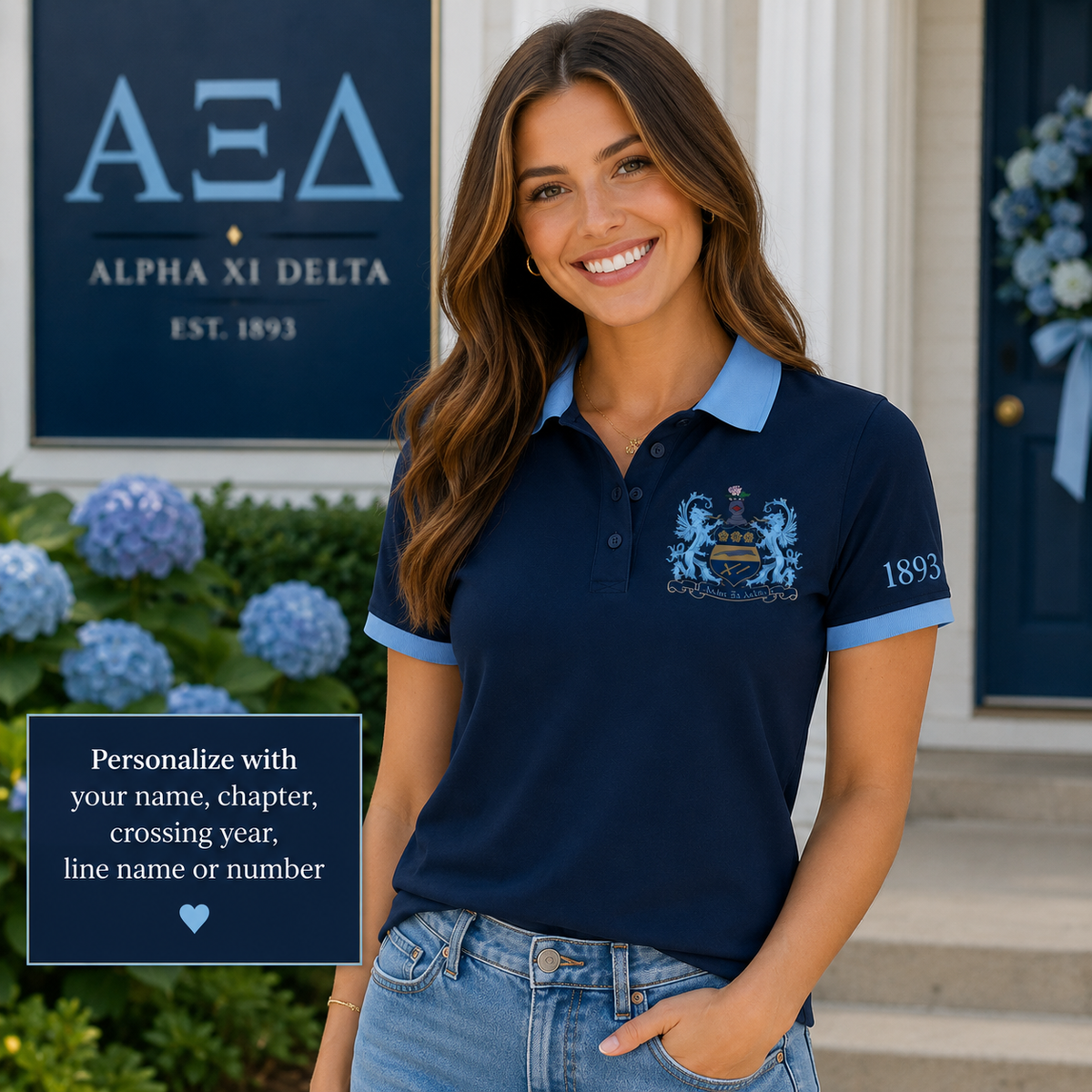 2 Tone Dark Blue & Light Blue Alpha Xi Delta Custom Embroidered Polo Shirt – Personalized