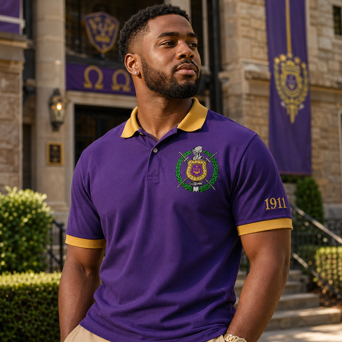2 Tone Royal Purple & Old Gold Omega Psi Phi Custom Embroidered Polo Shirt – Personalized