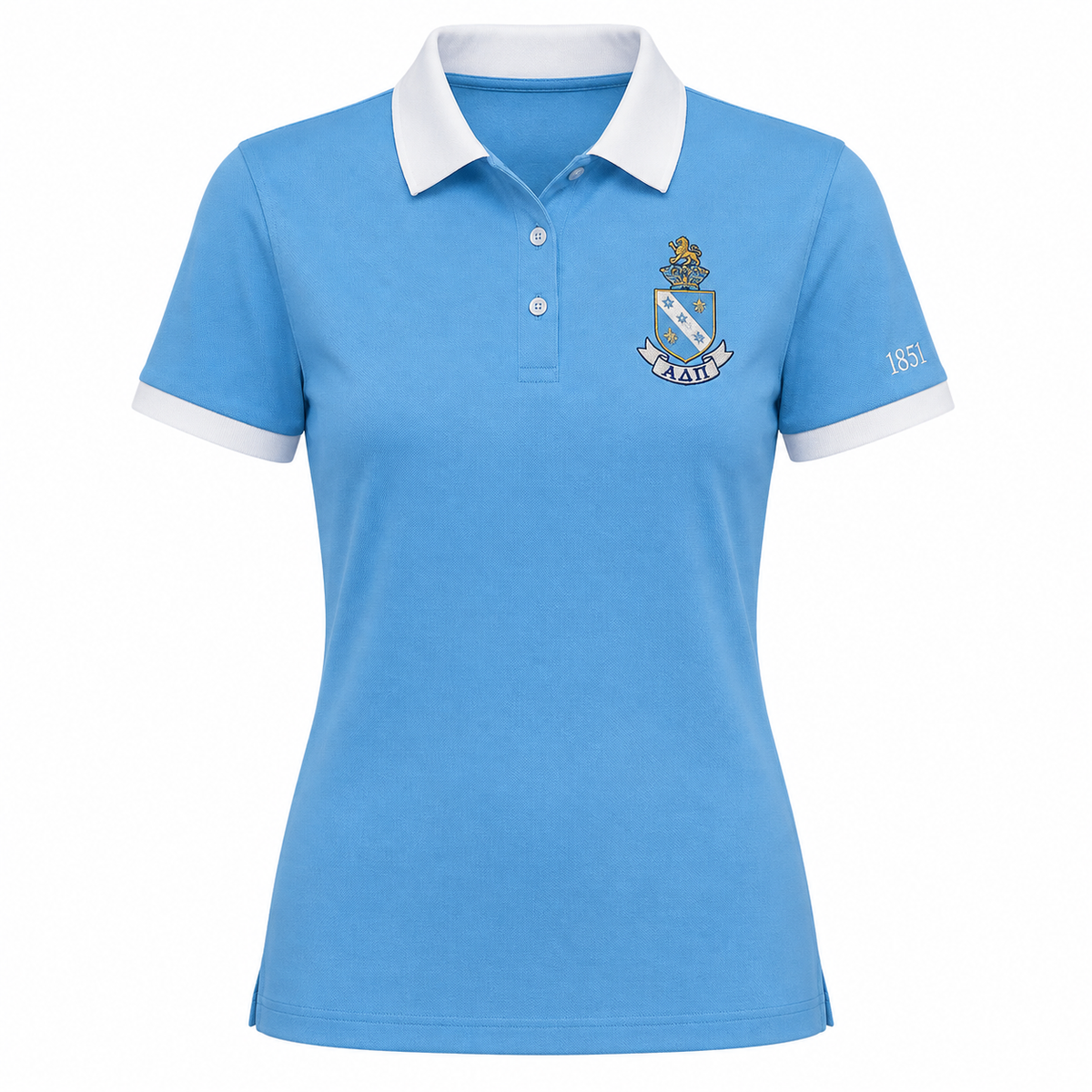 2 Tone Azure Blue & White Alpha Delta Pi Custom Embroidered Polo Shirt – Personalized