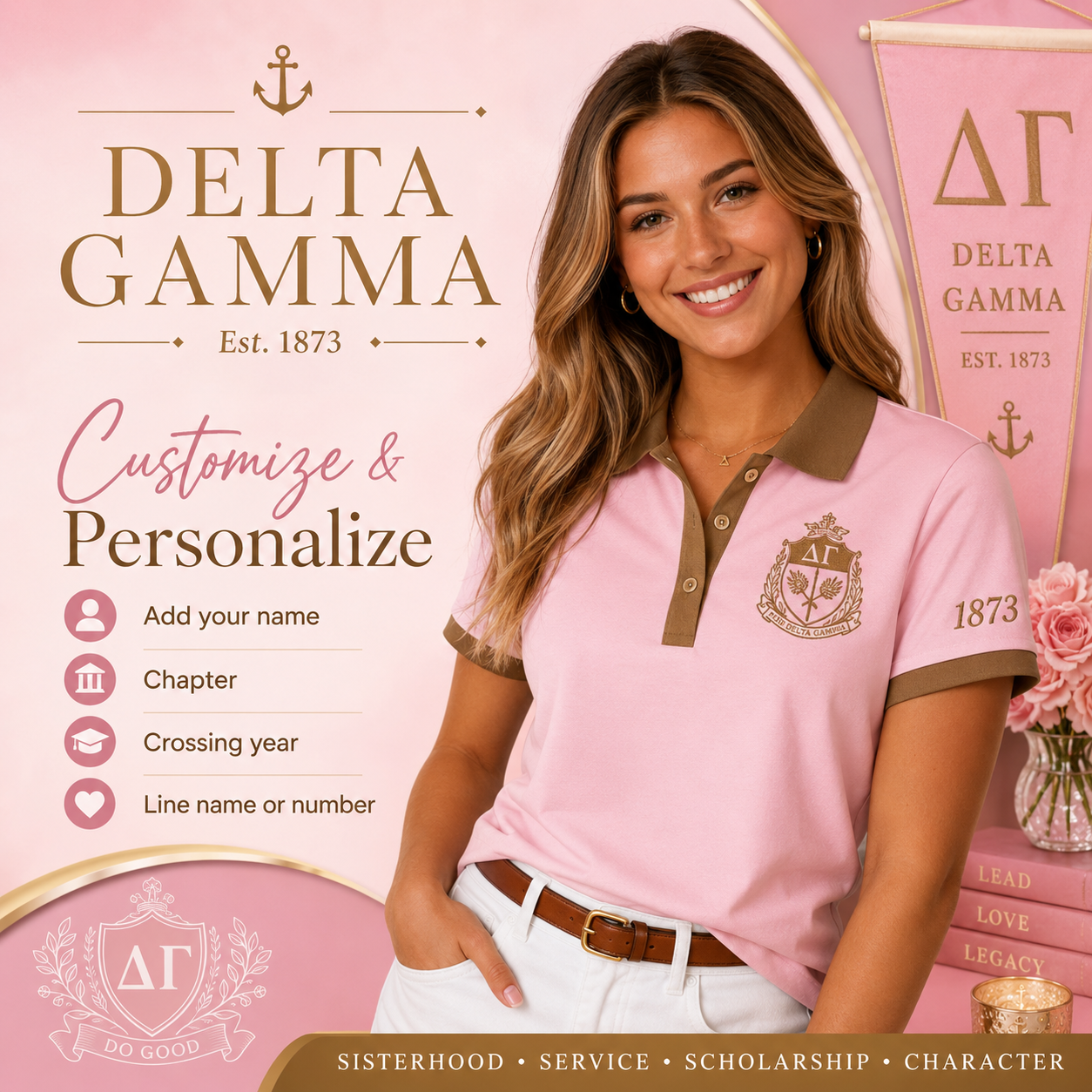 2 Tone Pink & Bronze Delta Gamma Embroidered Polo Shirt – Personalized Sorority Polo