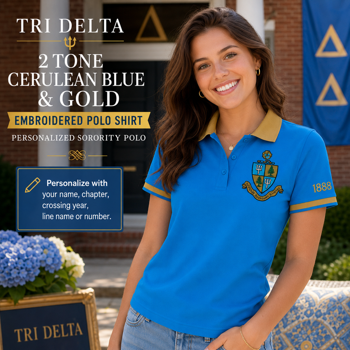2 Tone Cerulean Blue & Gold Tri Delta Custom Embroidered Polo Shirt – Personalized