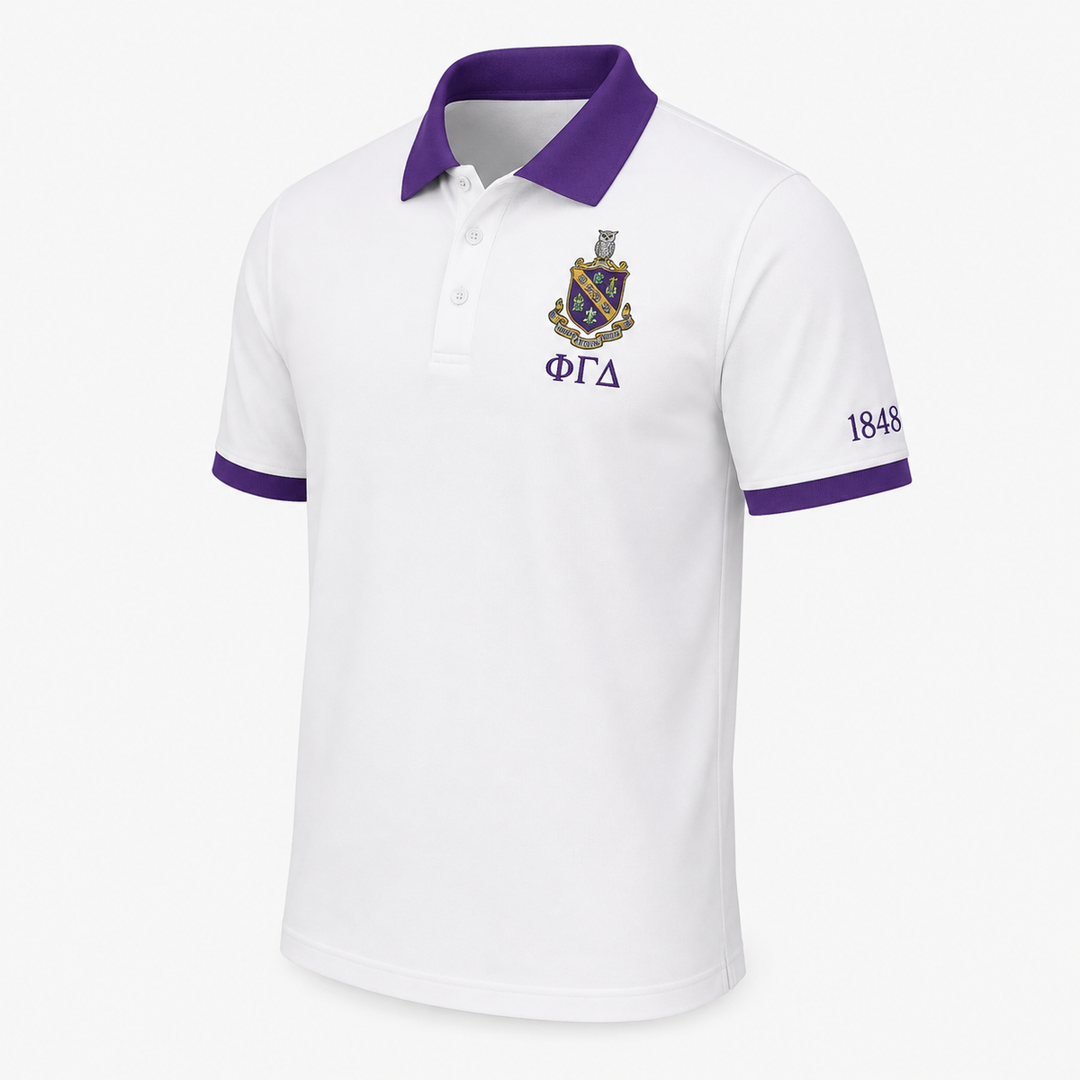 2 Tone White & Royal Purple Phi Gamma Delta Custom Embroidered Polo Shirt – Personalized