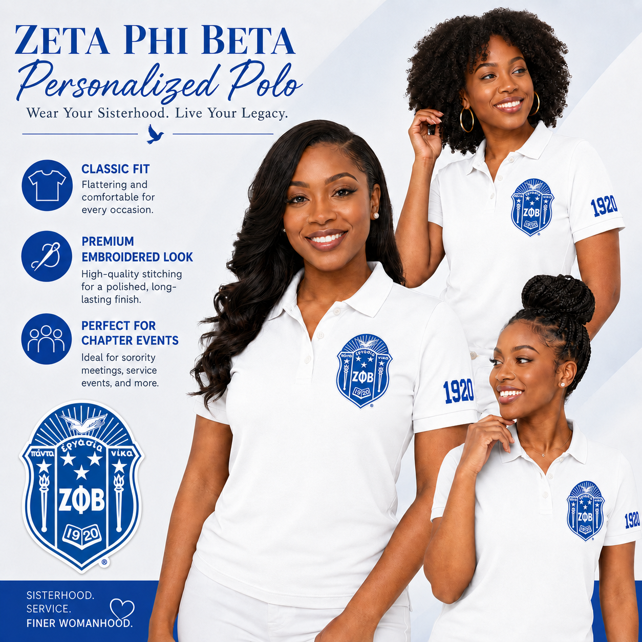Women wearing personalized white Zeta Phi Beta embroidered polo shirts