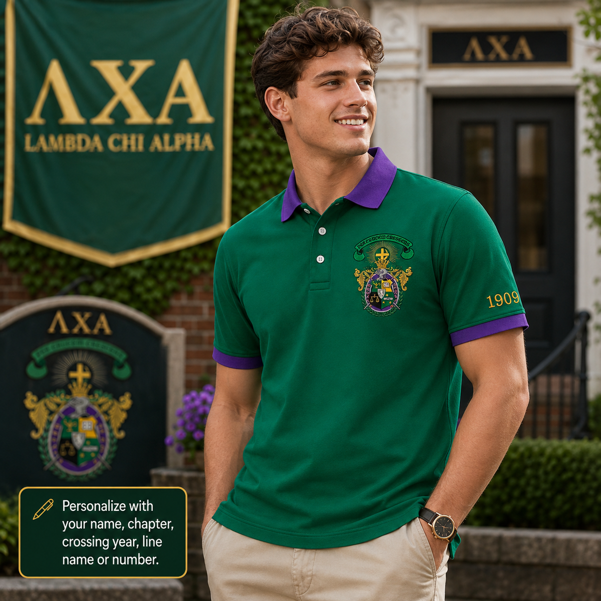 2 Tone Green & Purple Lambda Chi Alpha Custom Embroidered Polo Shirt – Personalized