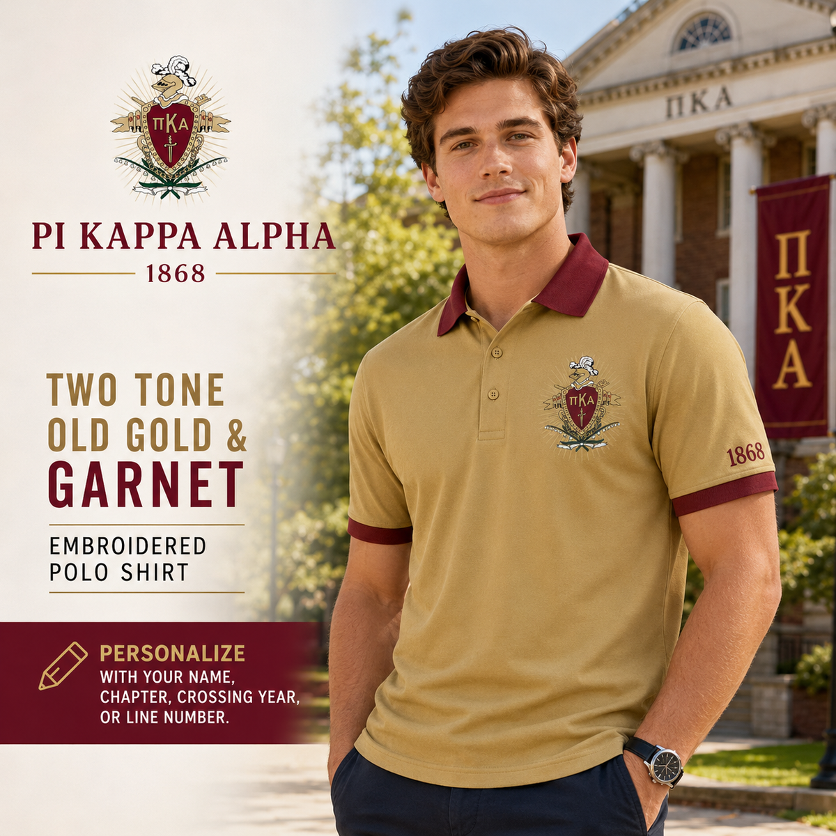 2 Tone Old Gold & Garnet Pi Kappa Alpha Custom Embroidered Polo Shirt – Personalized