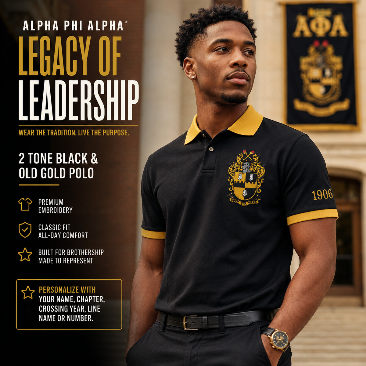 2 Tone Black & Old Gold Alpha Phi Alpha Custom Embroidered Polo Shirt – Personalized