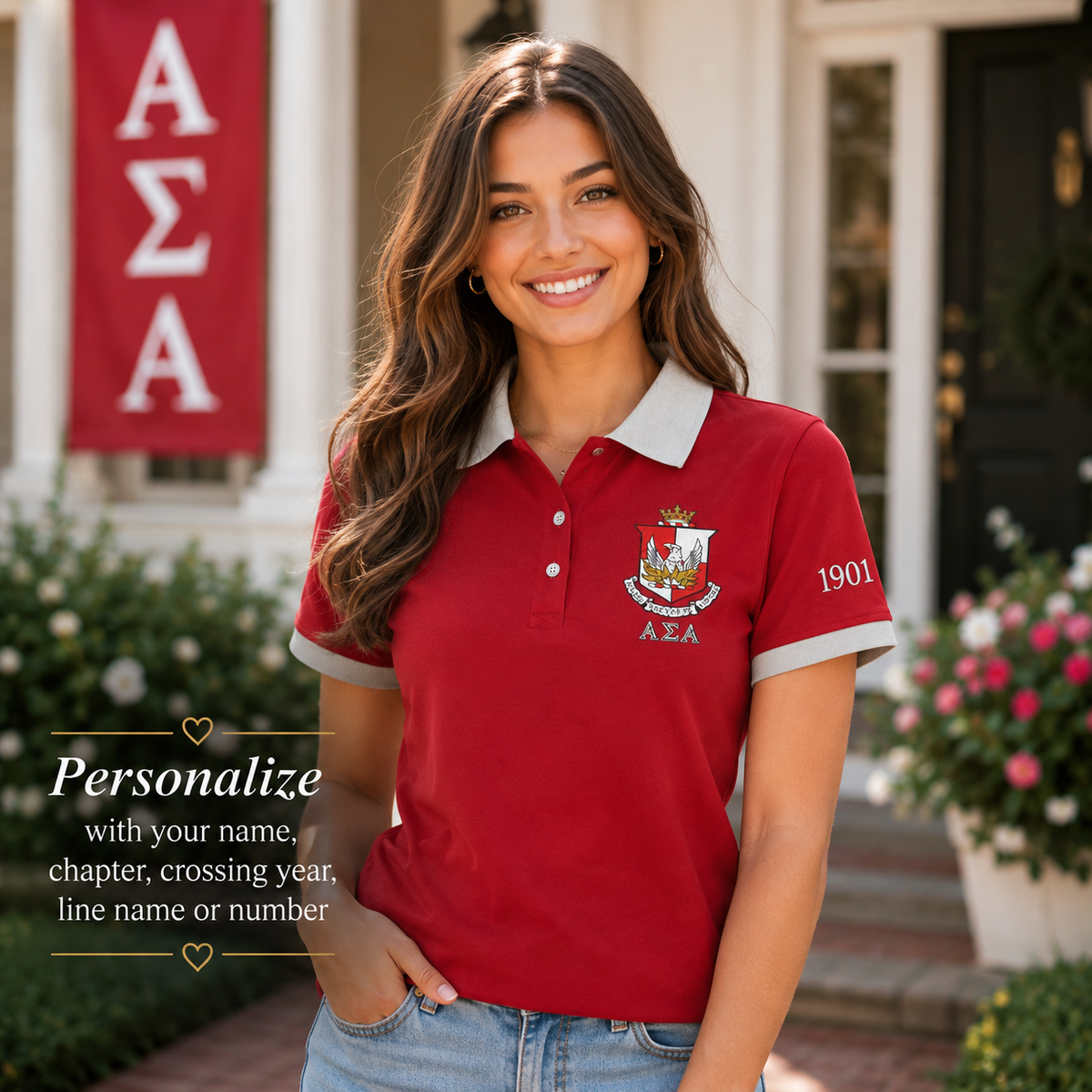2 Tone Crimson & Silver Alpha Sigma Alpha Custom Embroidered Polo Shirt – Personalized