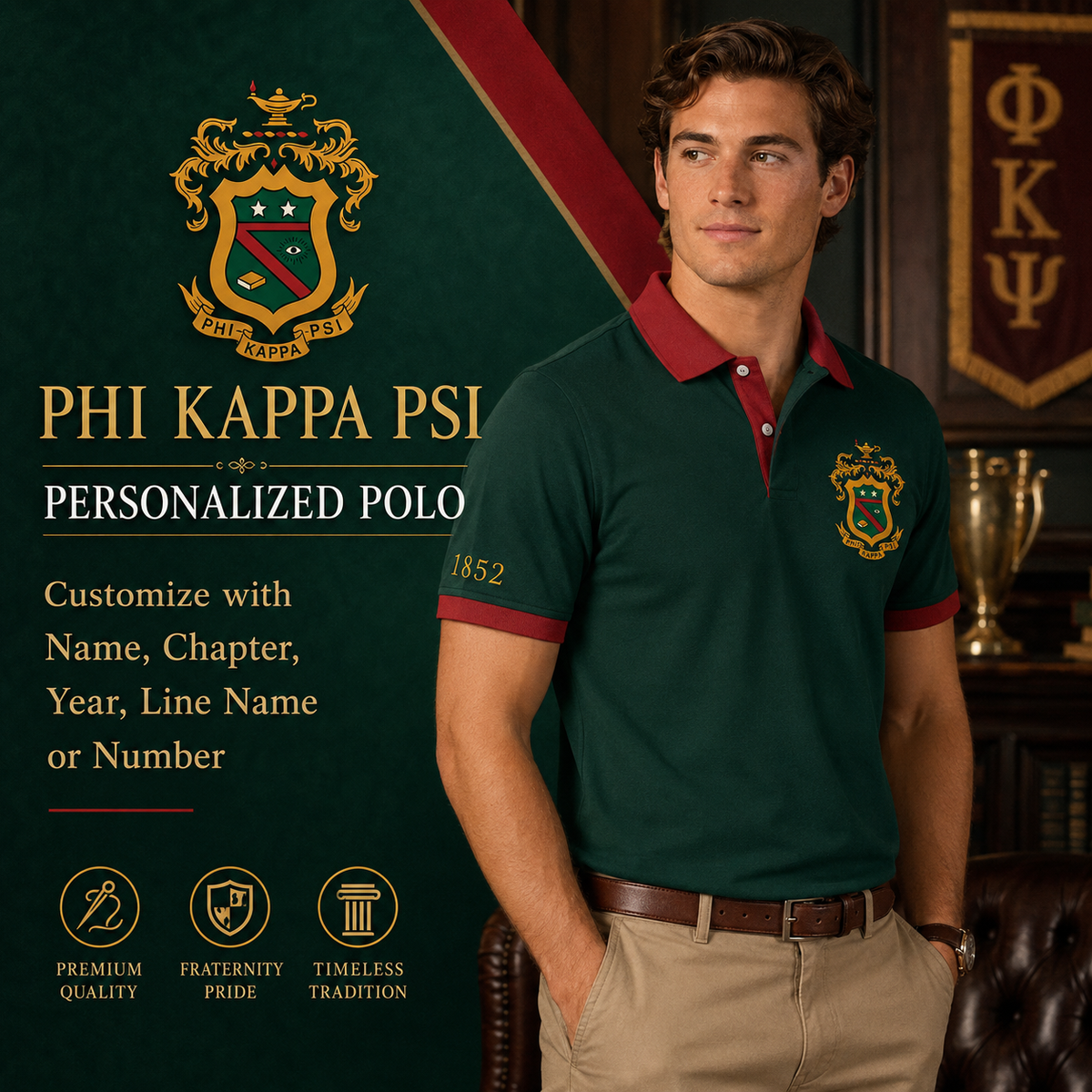2 Tone Hunter Green & Cardinal Red Phi Kappa Psi Custom Embroidered Polo – Personalized
