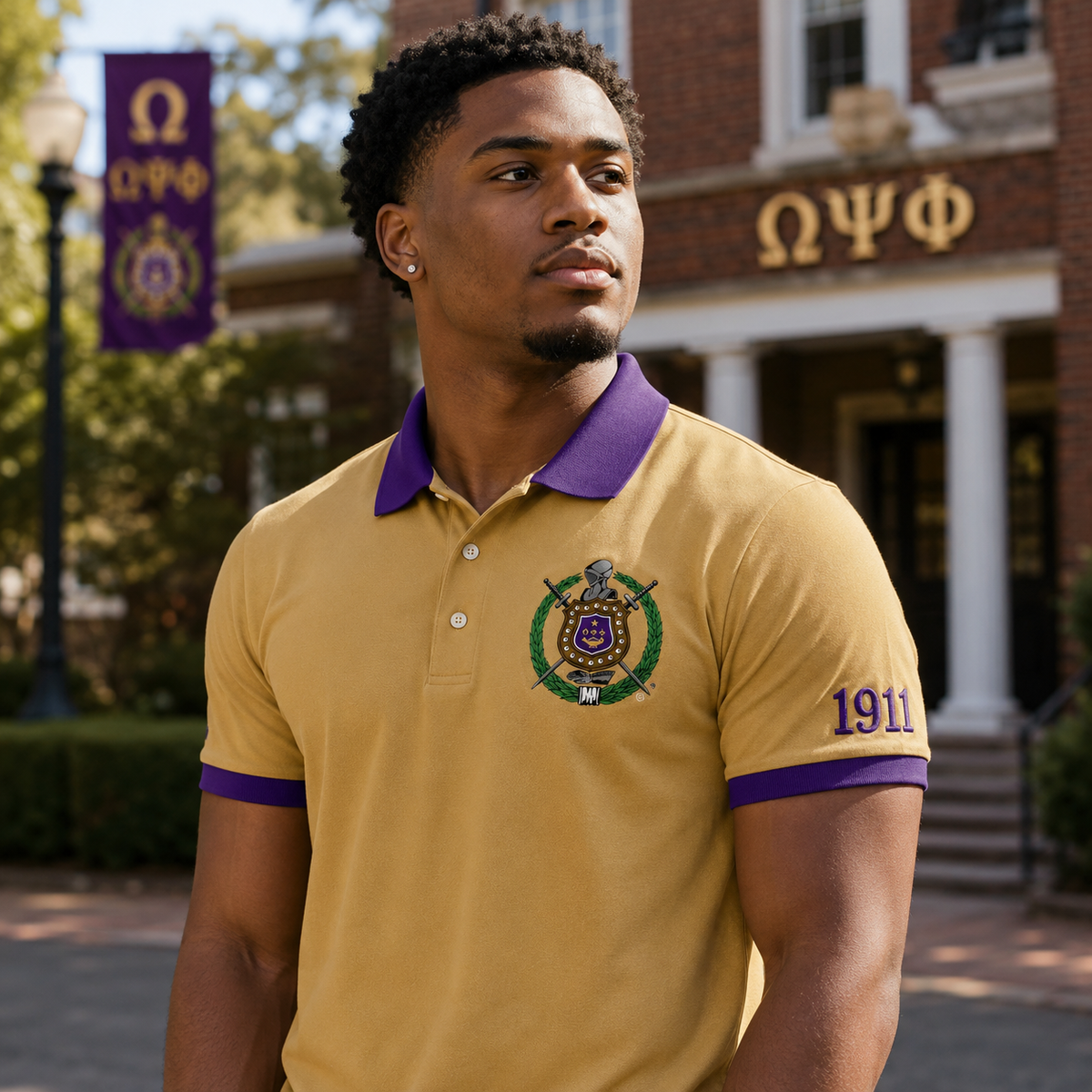 2 Tone Old Gold & Royal Purple Omega Psi Phi Custom Embroidered Polo Shirt – Personalized
